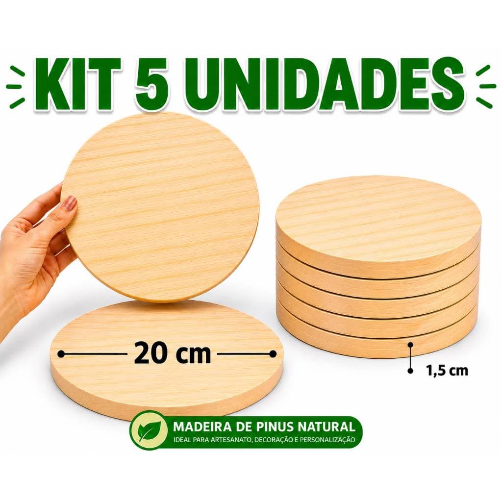 KIT 5 BOLACHA REDONDA DE PINUS 20 CM — MADEIRA NATURAL REDONDA  | PLACA REDONDA MADEIRA PINUS 20 CM