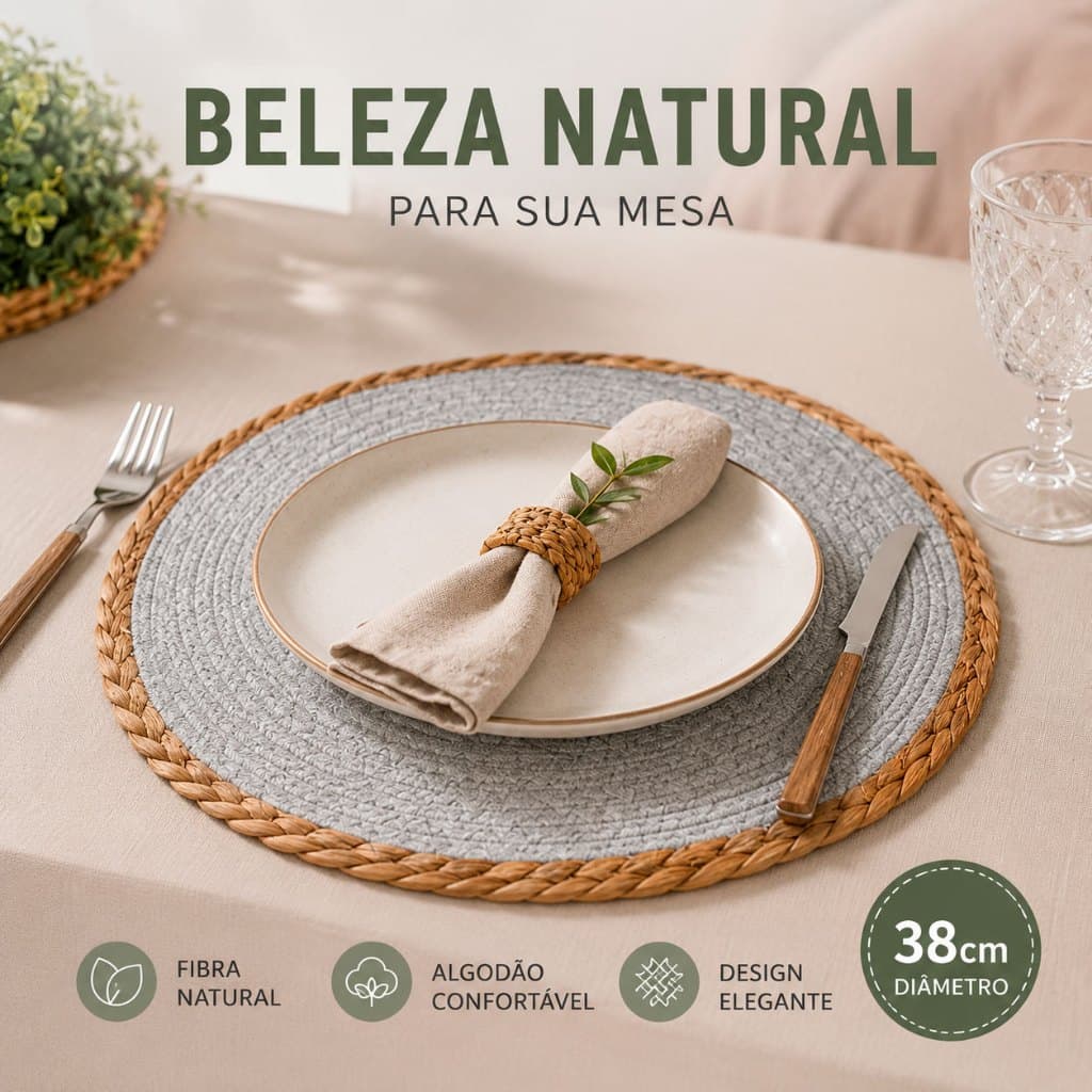 Lugar Americano 38cm Cinza de Fibra Natural e Algodão Redondo Mesa Posta