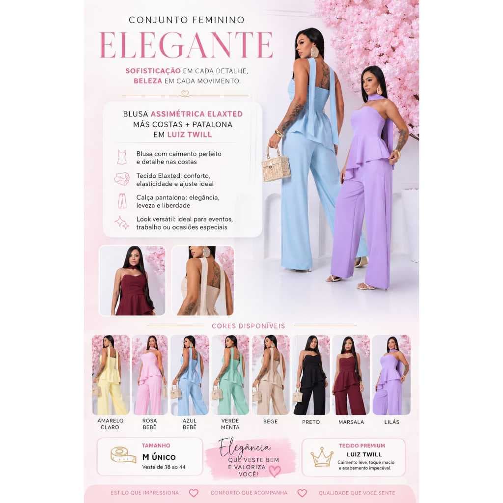 Conjunto Femenino Elegante Blusa Assiemetrica Elaxted Nas Costas e Pantalona em Luiz Twill