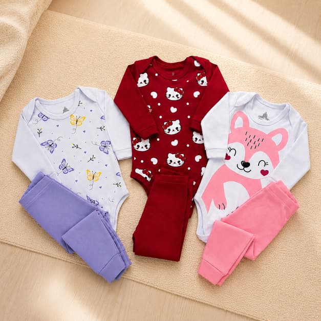 Kit 6 Peças Bebê Menina 100% Algodão | 3 Body Manga Longa + 3 Calça | RN ao GG | Closet Infantil
