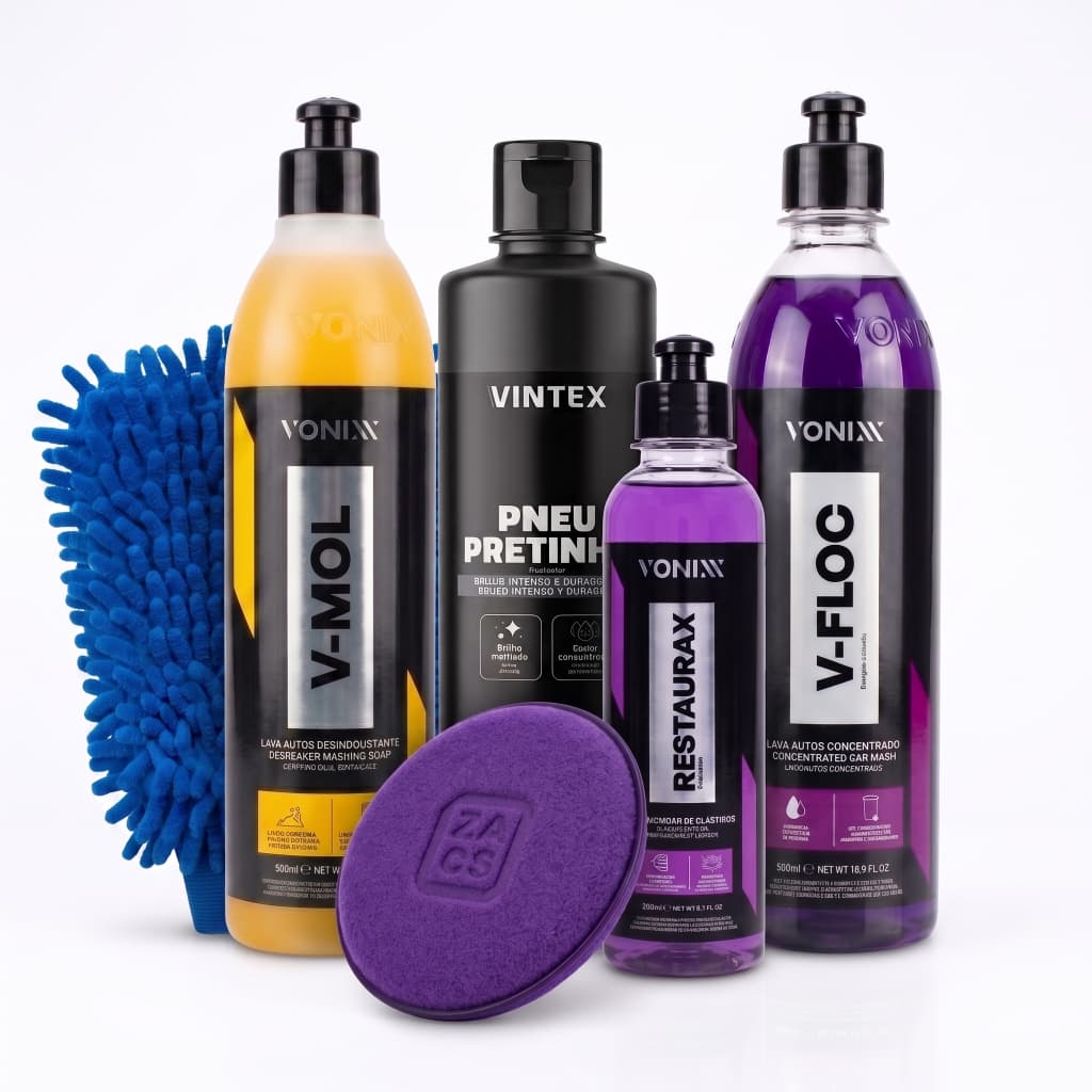 Kit Vonixx V-Floc + V-Mol + Restaurax + Pretinho Vintex + Aplicador Luva Automotivo Para Lavar Carro Moto
