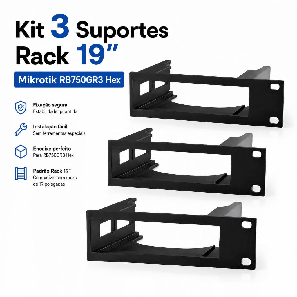 Kit 3 Suportes Rack 19" MikroTik RB750GR3 HEX 1U Profissional
