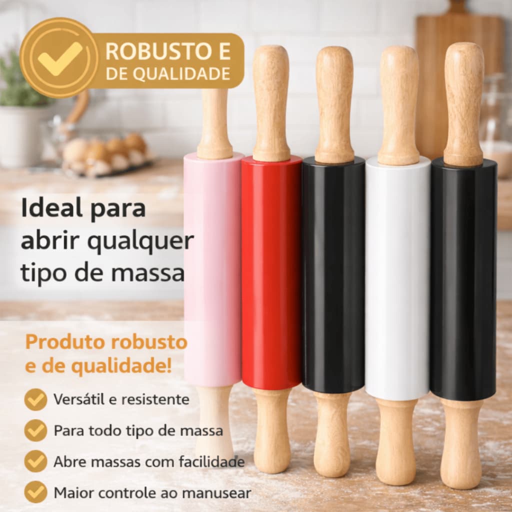 Rolo de Massa Profissional 35cm com Cabo de Madeira | Confeitaria Padaria Pizza Pastel