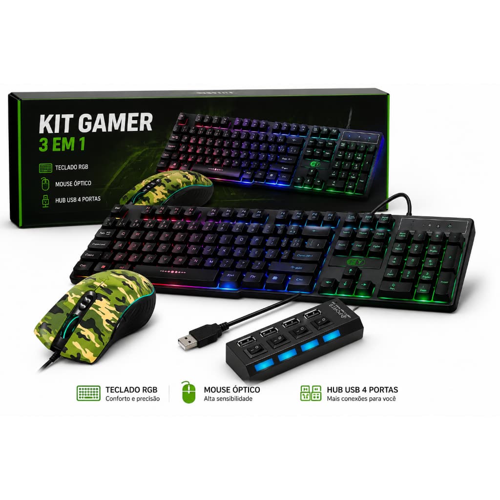 Kit Gamer Teclado RGB + Mouse Óptico + Hub USB 4 Portas