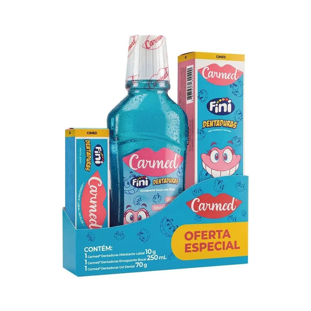 Carmed Kit Fini Dentadura Enxaguante Bucal 250ml + Gel Dental 70G + Hidratante Labial 10G