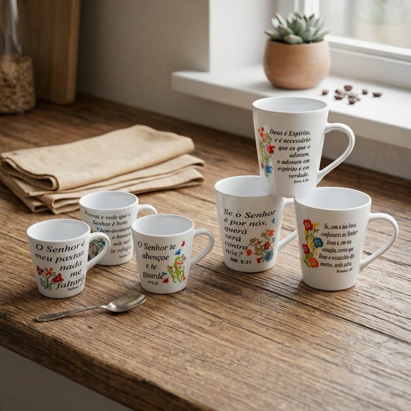 Kit Canecas 3 xicara 120ml 3  Canecas 290ml Salmo Xicara Chá Café Com leite Porcelana Personalizada Presente Elegante