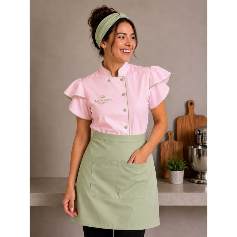 Kit Dolmã Princesa + Avental+ Faixa Chef Confeiteira Cozinha Gabardine Oxford Bordado | Uniforme Gastrônomia