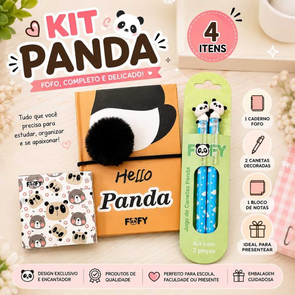 Kit Papelaria Panda Fofy Completo Caderno A5 Pompom Bloco Notas 2 Canetas Kawaii Presente Fofo