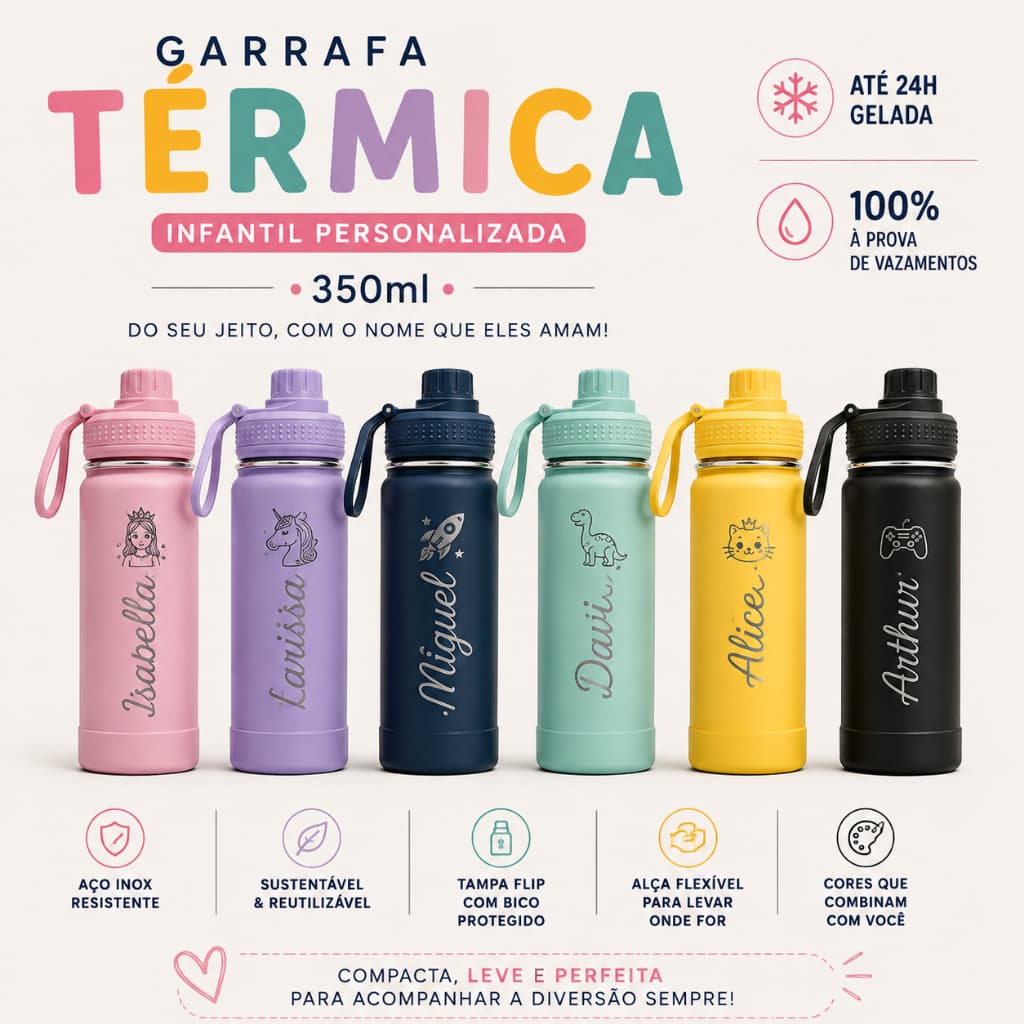 Garrafa Térmica 350ml Inox + Borracha / Gravação de Nome