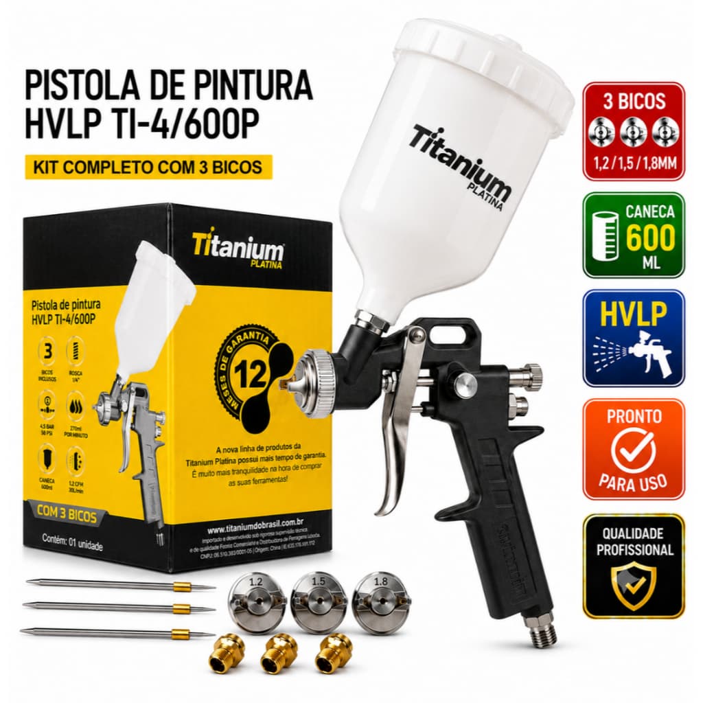 Pistola de Pintura Automotiva Profissional HVLP 3 Bicos 1,2 1,5 1,8mm Gravidade Titanium