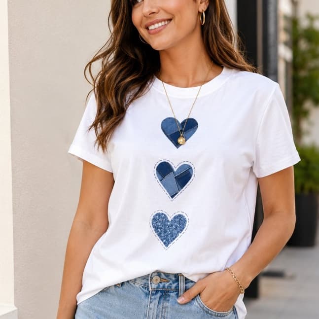 T-shirt Feminina Casual Fashion Estampa Corações Coloridos azul Bloco de Cores