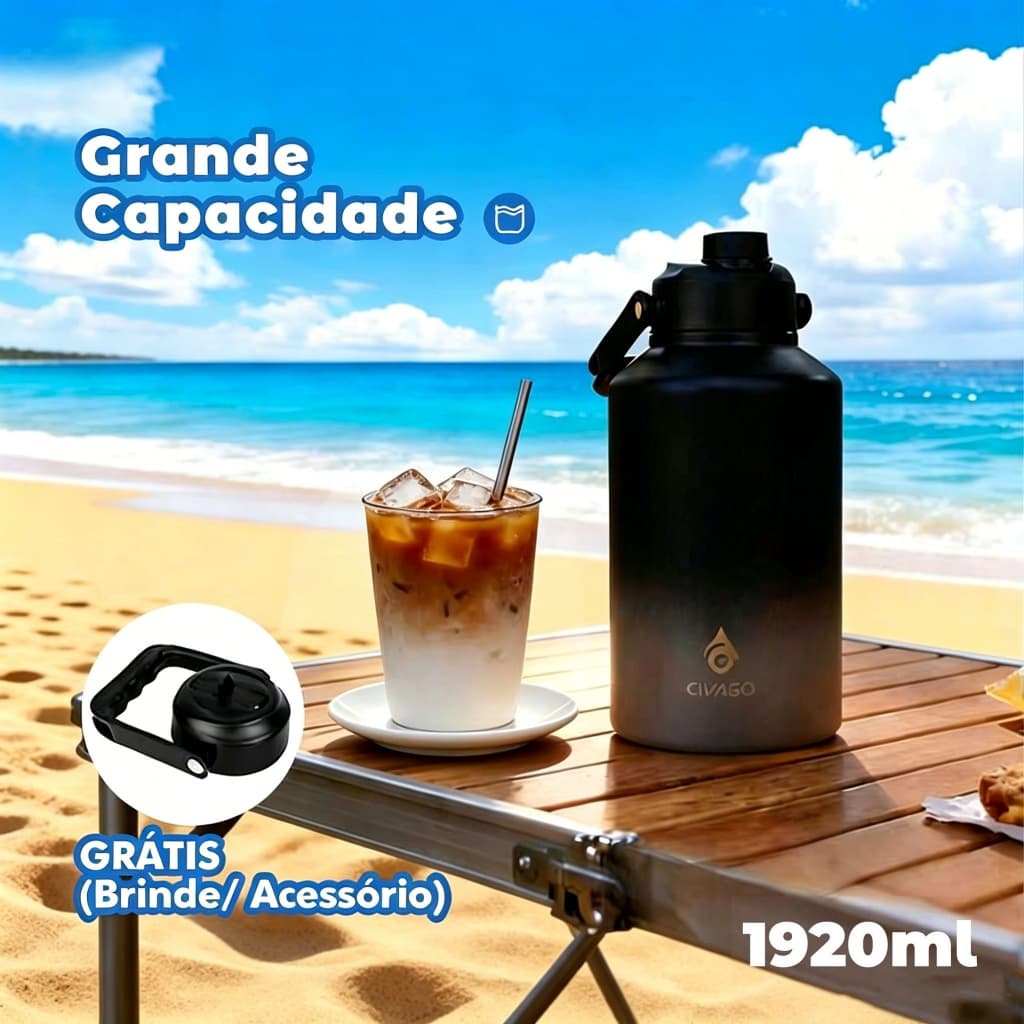 CIVAGO Garrafa Térmica Inox 1920ml Grande Capacidade Portátil para Camping com Tampa Vedada e Canudo Quente/Frio