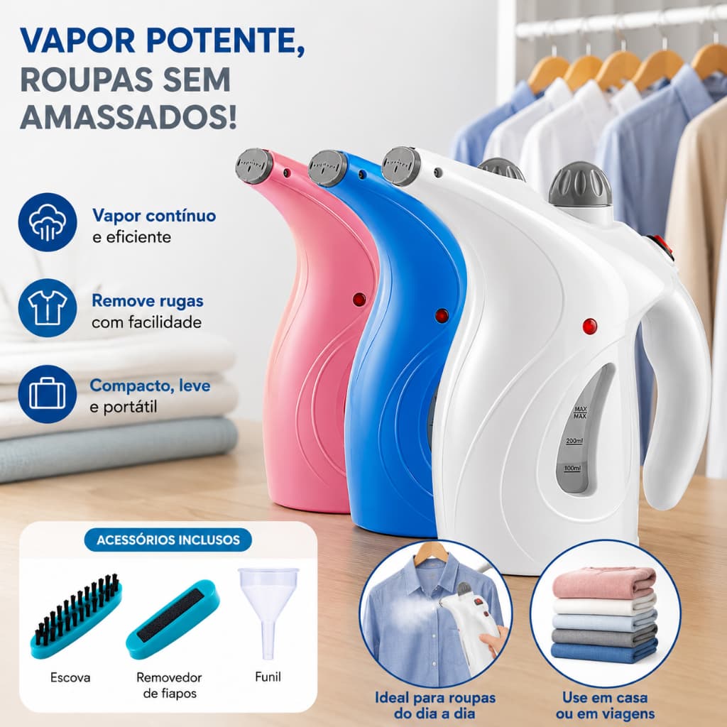 Passadeira a Vapor Portátil 800W 110V Tira Amassados Roupas Vertical Compacta Casa Viagem​