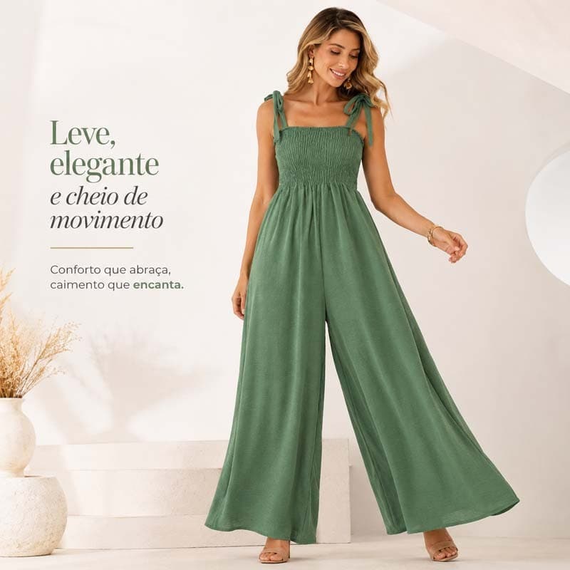 Macacão Feminino de Perna Larga, Elegante e Casual para o Dia a Dia, com Busto em Lastex, Sem Mangas e Modelagem Solta