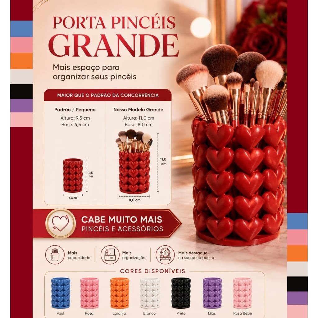 Porta Pincéis Canetas Escova Coração - 8 Cores - Tamanho Pequeno e Grande