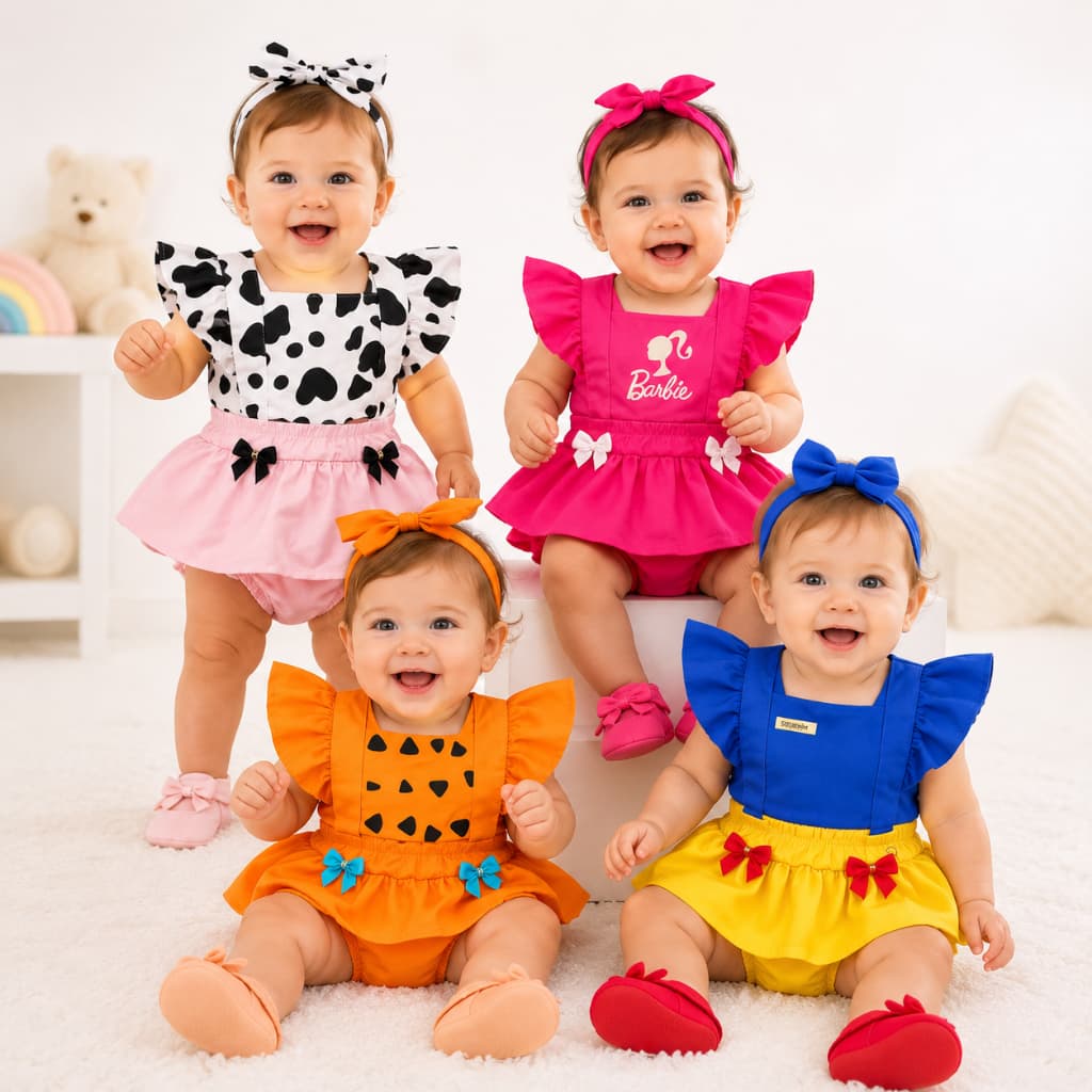 Jardineira Romper Body Mesversario Bebe Menina Fantasia Infantil Menina Roupa Tematicas Personagem Princesa 0 a 12 meses