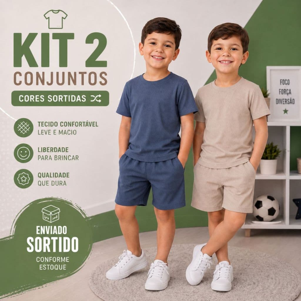 Kit 4 Peças Canelado Liso Sortido Menino Infantil 2 Conjunto (2 Camisetas Manga Curta + 2 Bermudas) Sem Estampa