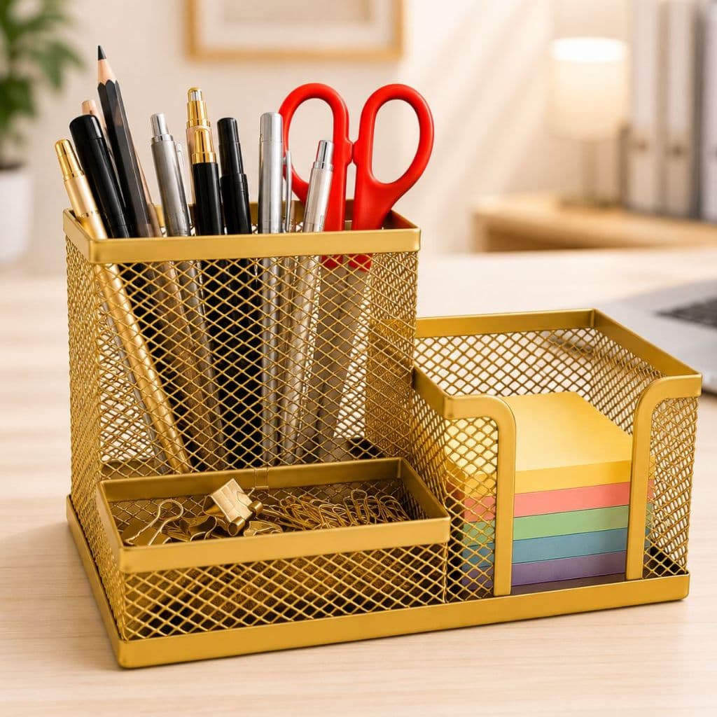 Organizador de Mesa 3 Divisórias Dourado Porta Canetas Porta Clips Porta Lembretes Gv Office