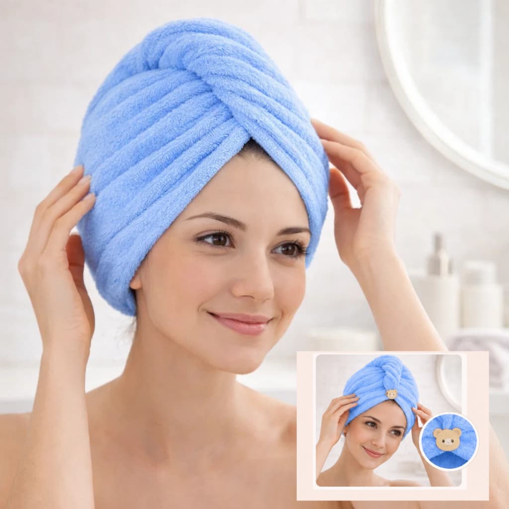 Toalha De Cabelo Pós Banho Touca Mágica De Microfibra Turbante Para Secar Cabelo Rápido Com Botão