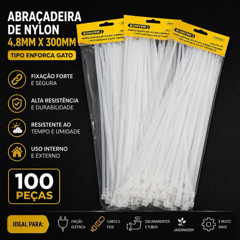 Abraçadeira De Nylon 300mm e 200mm Presilha Enforca Gato Branco 100un