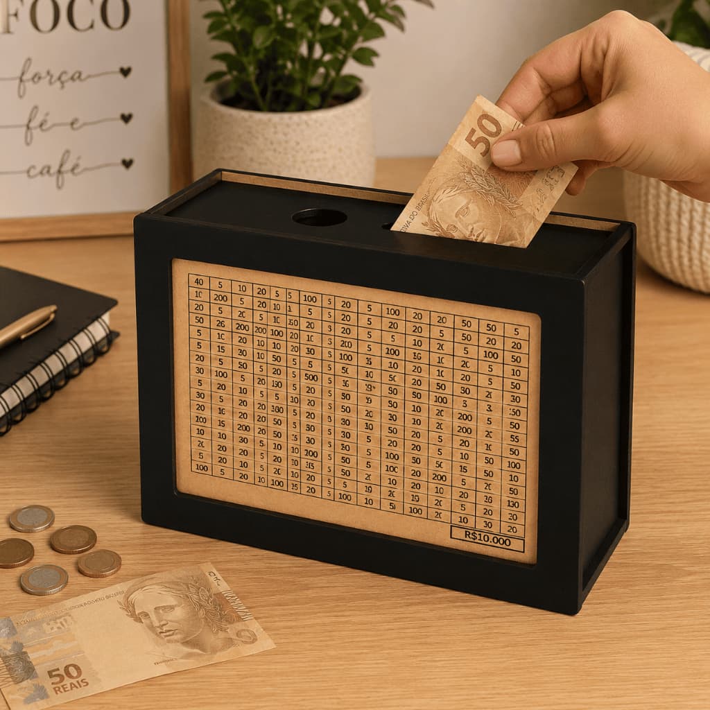 Cofre Desafio Poupar 10Mil Woodbox Cofrinho Japonês Caixa Dinheiro Guardar Mdf Preto