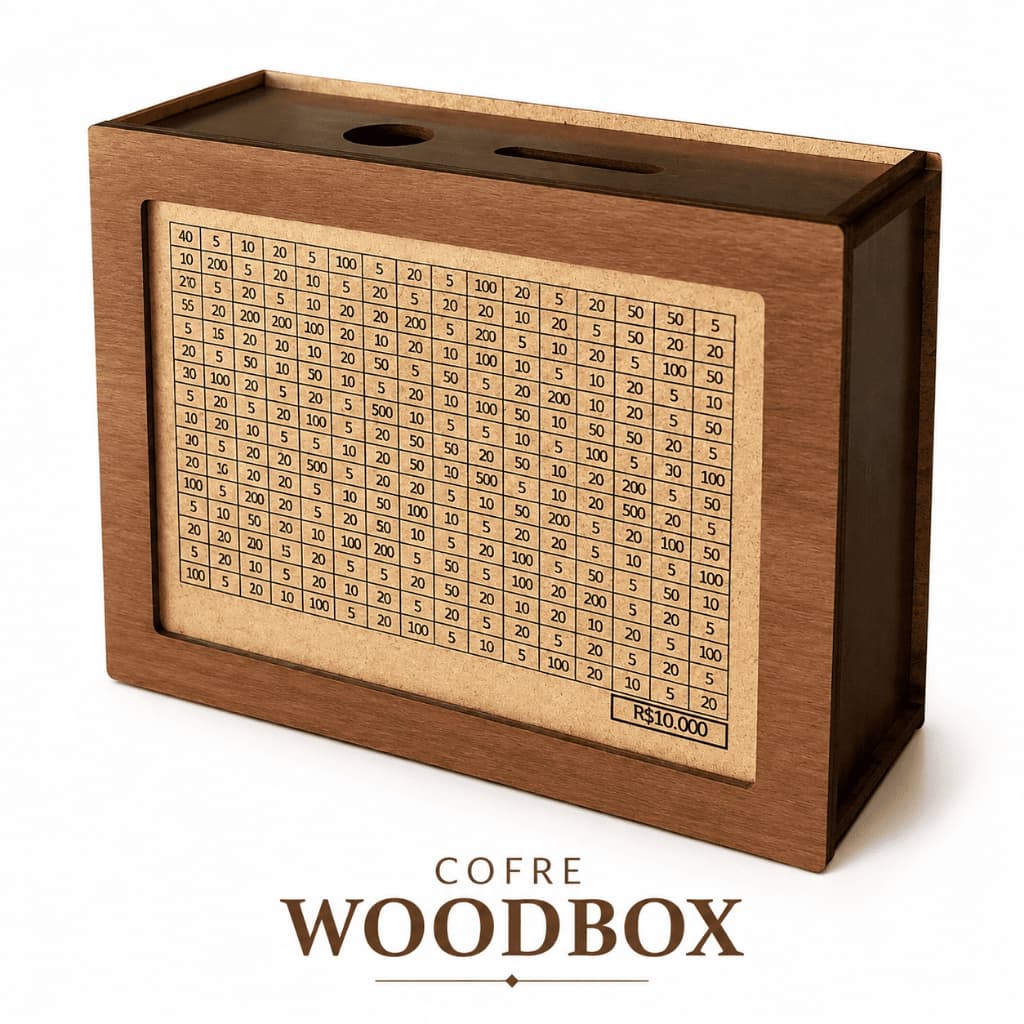 Caixa Cofre Desafio 1000 Woodbox Cofrinho Dinheiro Poupança Cofre de Moedas e Notas