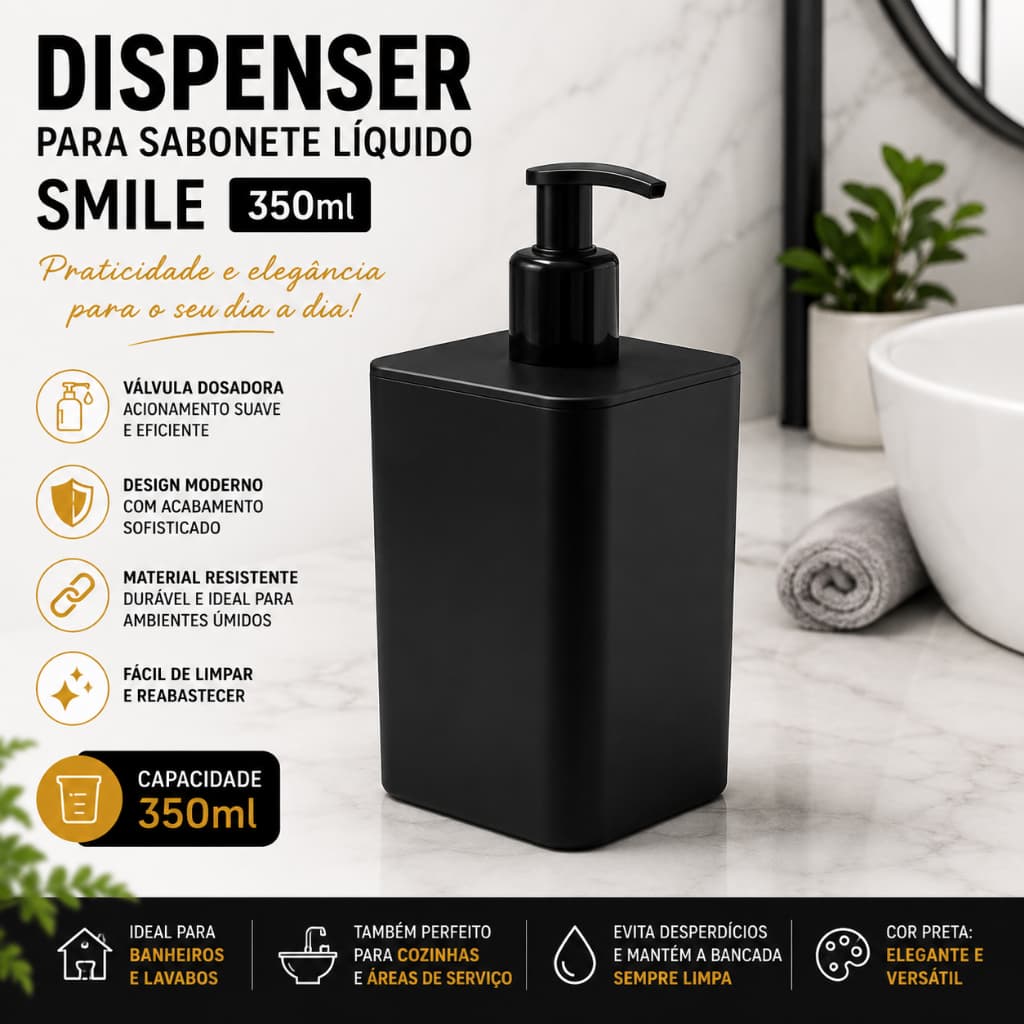Dispenser Sabonete Líquido 350ml Smile Preto Banheiro Lavabo Cozinha Porta Sabonete