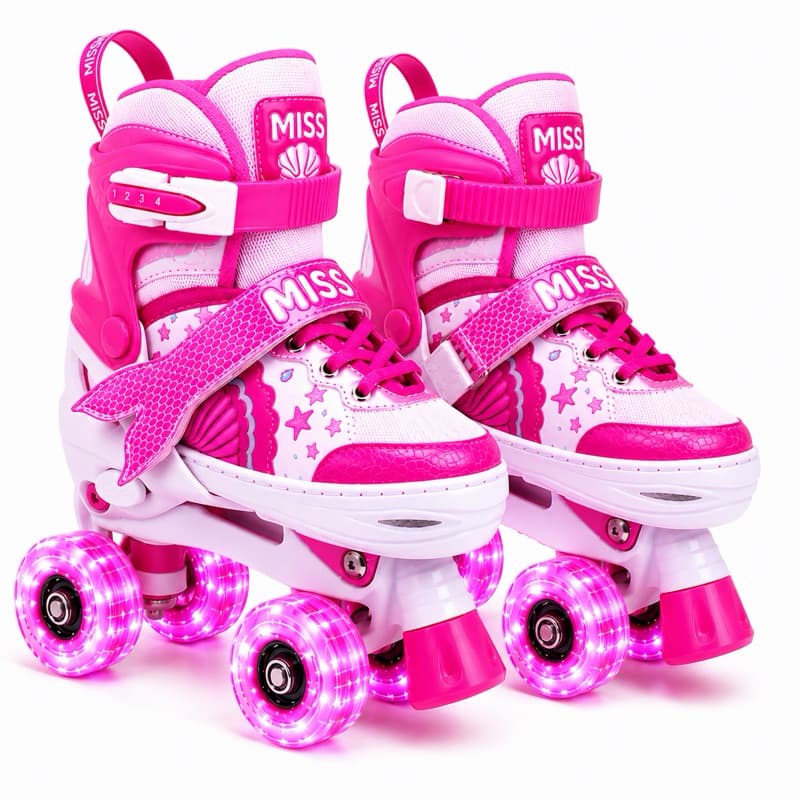 Patins Infantil Sereia Pink com Gliter e Led nas Rodinhas/Tamanhos Ajustáveis