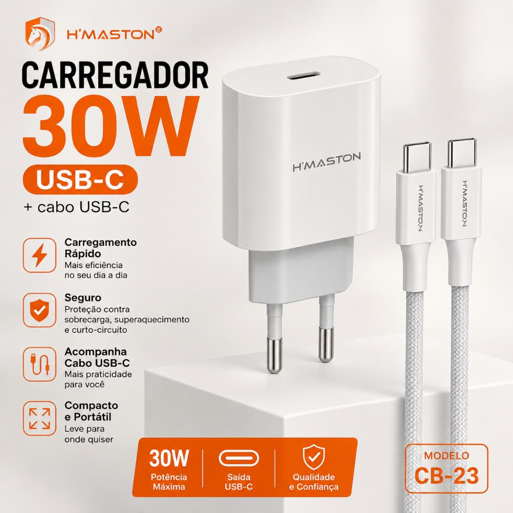 H"Maston CB23 iPhone 15 Iphone 16 Turbo Tipo-C 30W + Cabo Tipo-C para Tipo-C