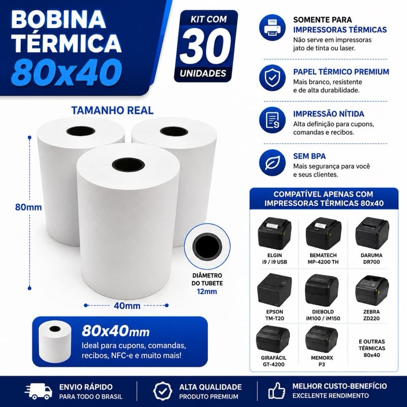 Bobina Térmica 80x40 – Kit com 30 Unidades Ideal para impressoras térmicas de cupom fiscal, PDV e sistemas comerciais.
