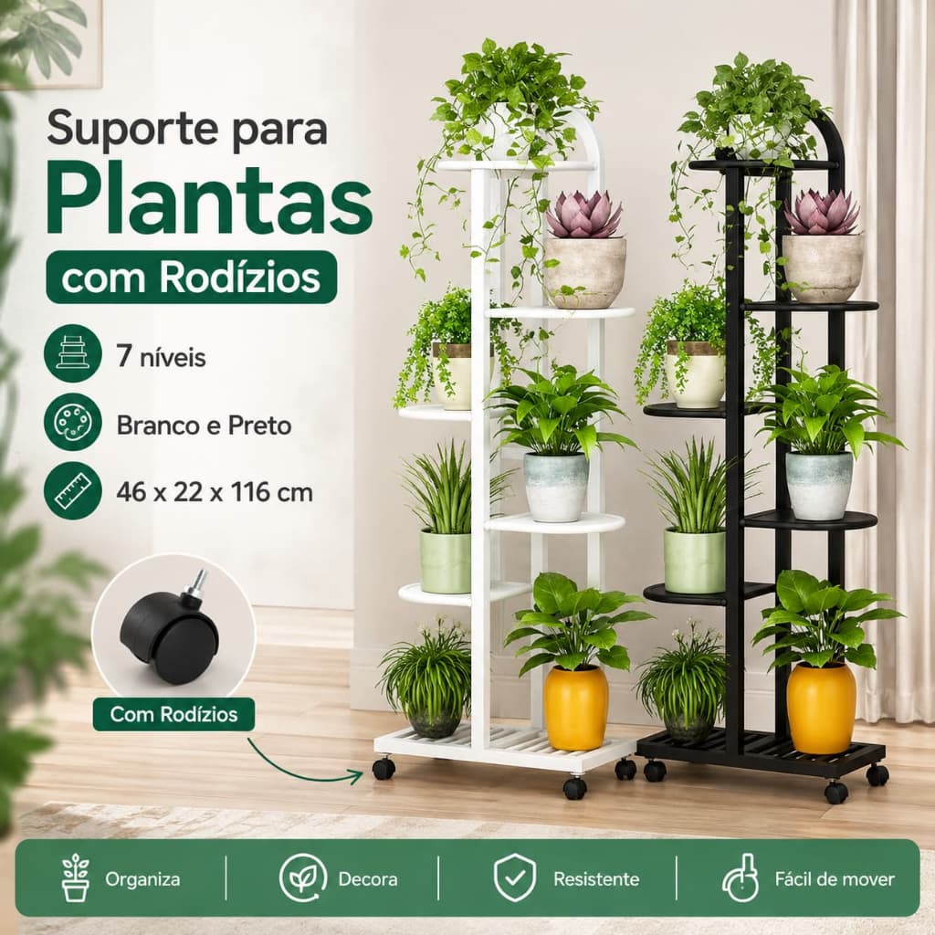 Suporte para Plantas com Rodízios 7 Níveis 116cm Estante Vertical para Vasos Branco ou Preto