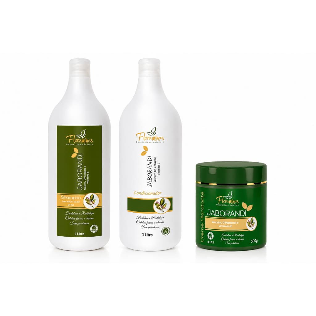 Kit Shampoo e Condicionador 1 litro + Máscara 500g Jaborandi Alecrim D Pantenol e Vitaminas E  Floraminas