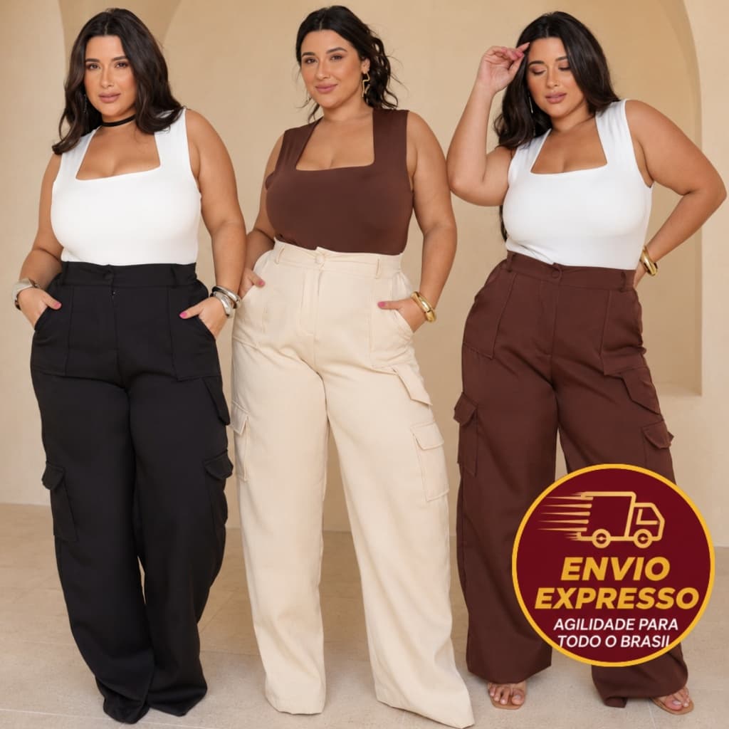 Calça Cargo Plus Size Feminina Wide Leg Com Bolsos reais Cintura Alta Elegante Calsa Calça Social