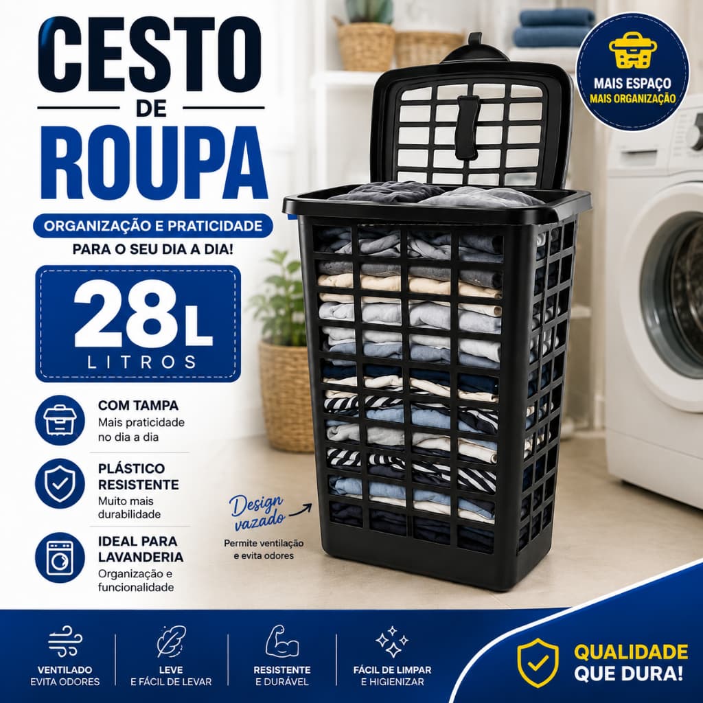 Cesto de Roupa Suja 28 Litros Grande com Tampa Plástico Resistente Organizador para Lavanderia