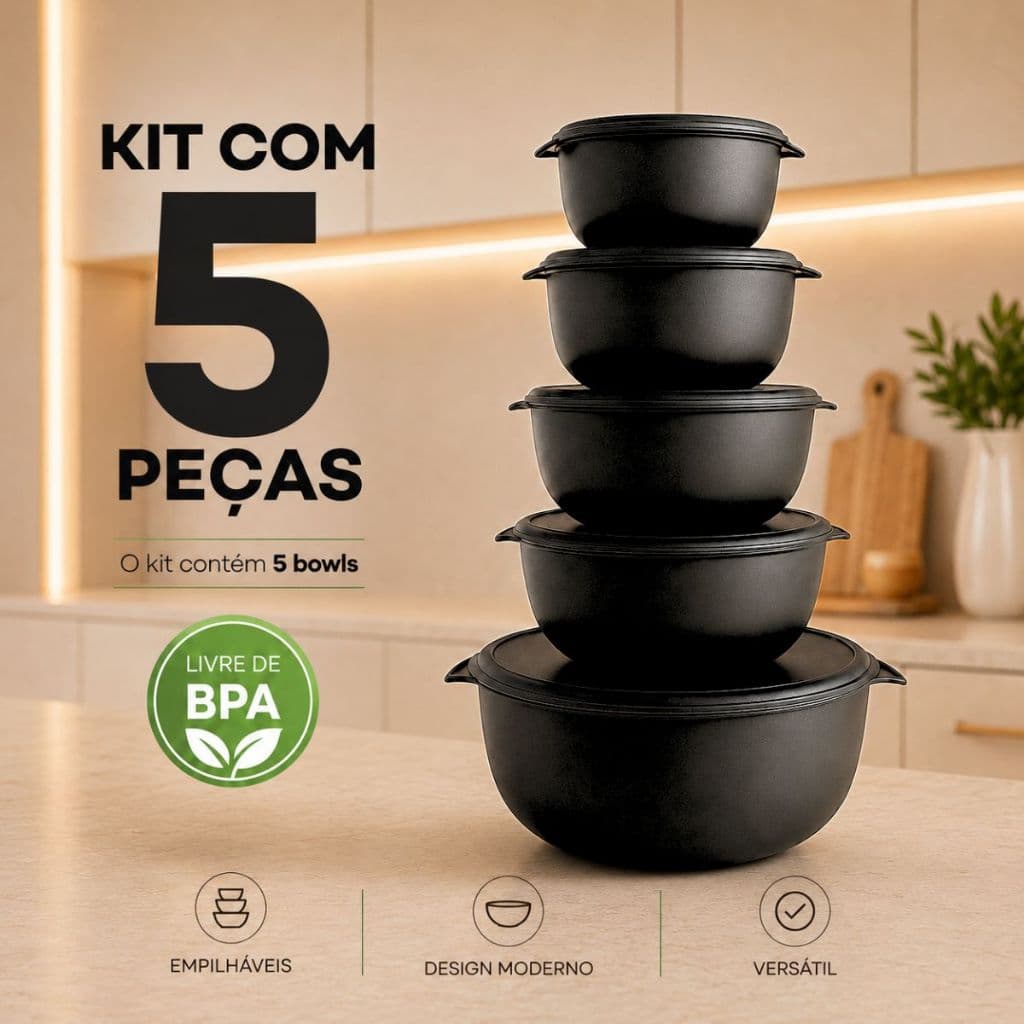 Kit com 5 Potes Bowl Redondo Livre de Bpa Cozinha Armazenar Guardar Alimentos