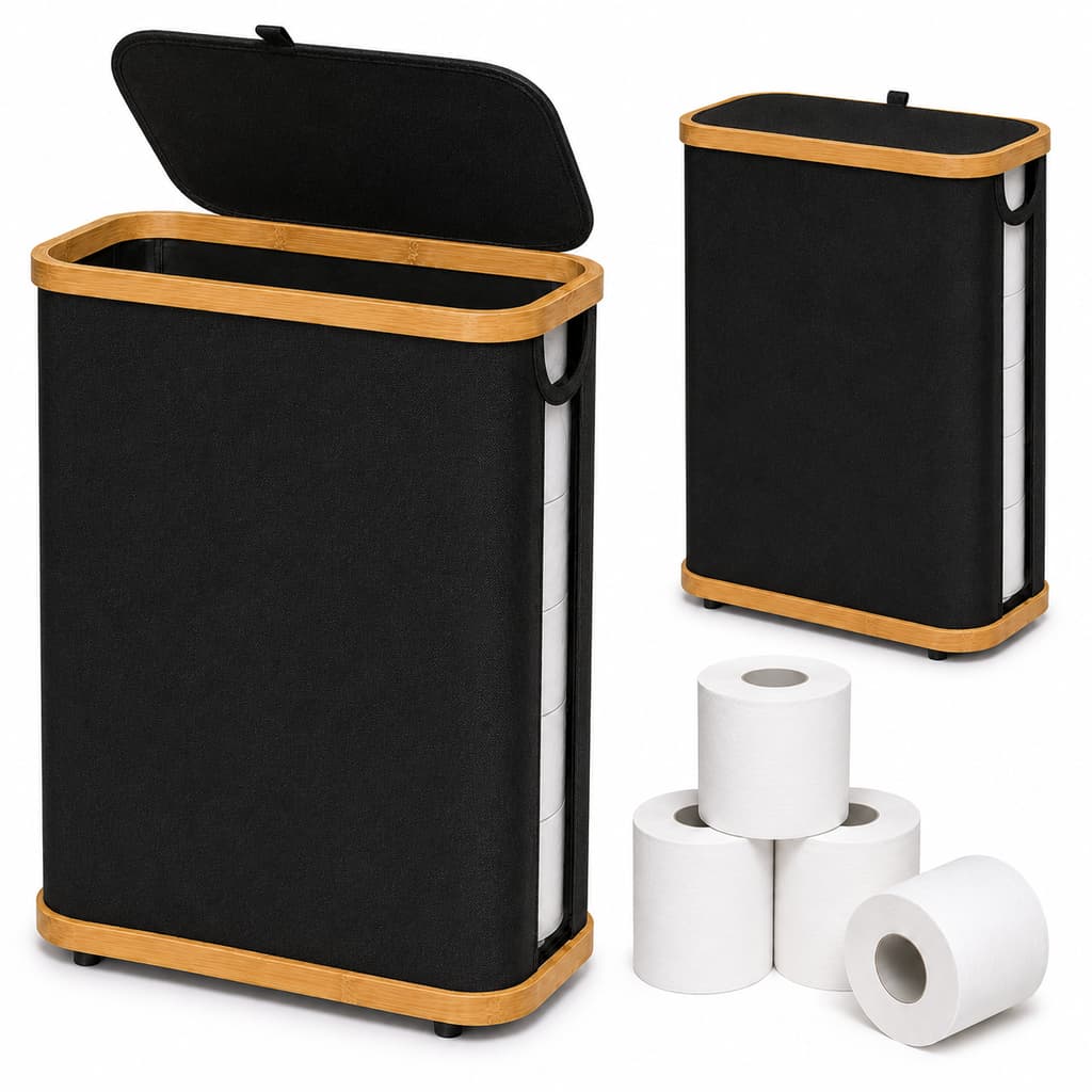 Porta Papel Higiênico Organizador com Tampa Bambu Cesto para Banheiro Lavabo Compacto e Elegante