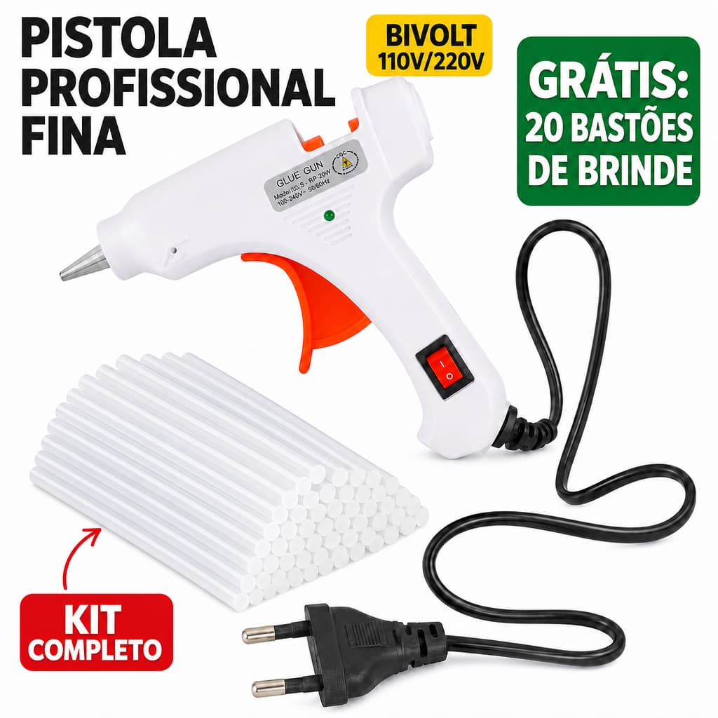 Kit Pistola de Cola Quente Bivolt 20W 110V/220V + 20 Bastões de Cola Artesanato Escolar