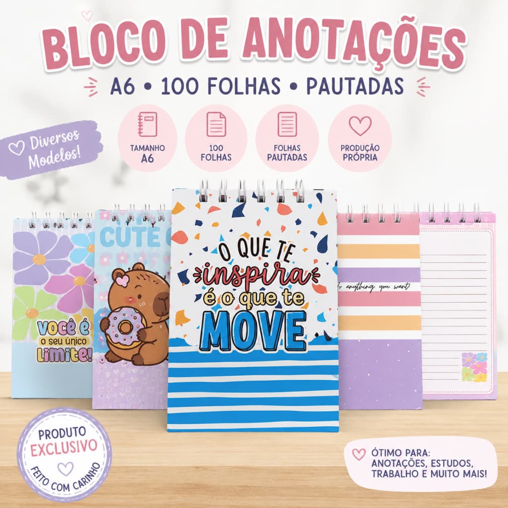 Bloco de Anotações A6 Decorado 100 Folhas com Wire-o | Vários Modelos
