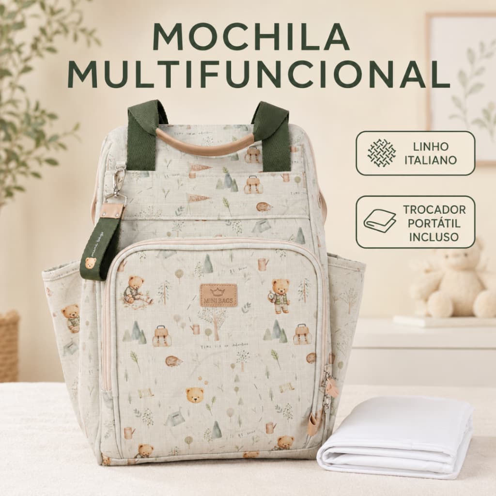 Mochila Maternidade Mini Bags Adventure Multifuncional Linho Italiano Impermeável com Trocador