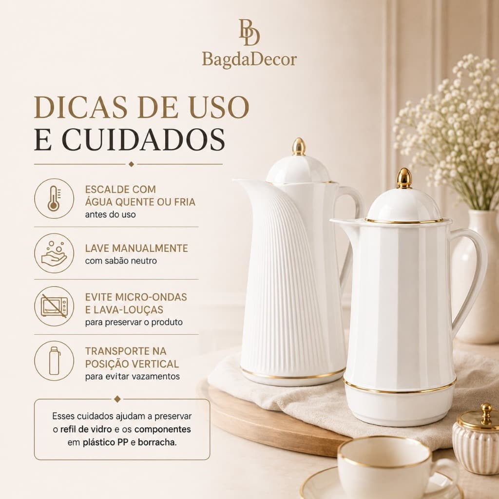 Garrafa Térmica 1L Branca Elegante para Café Chá Ampola de Vidro Design Premium
