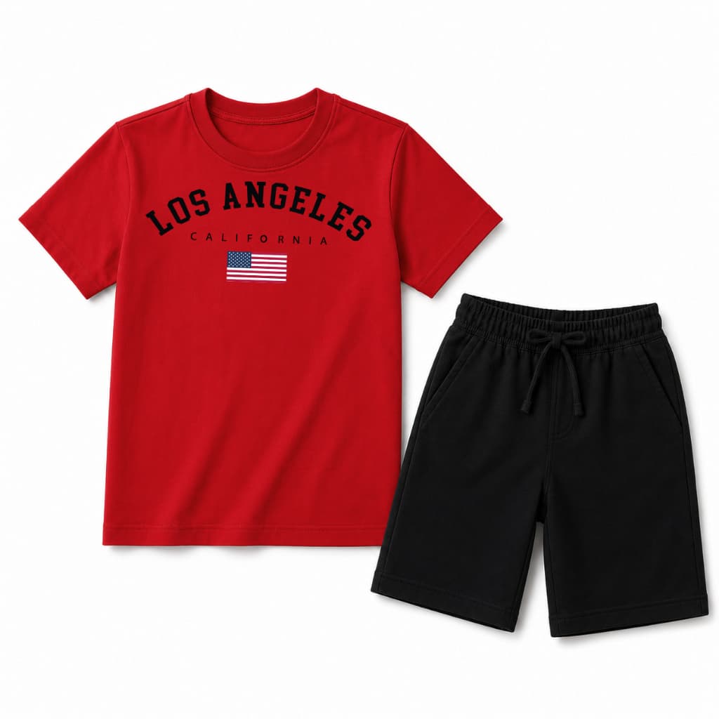 Conjunto Infantil Bermuda PREMIUM Kit Juvenil LOS ANGELES Short Moletinho Verão Camiseta 100% Algodão Kids