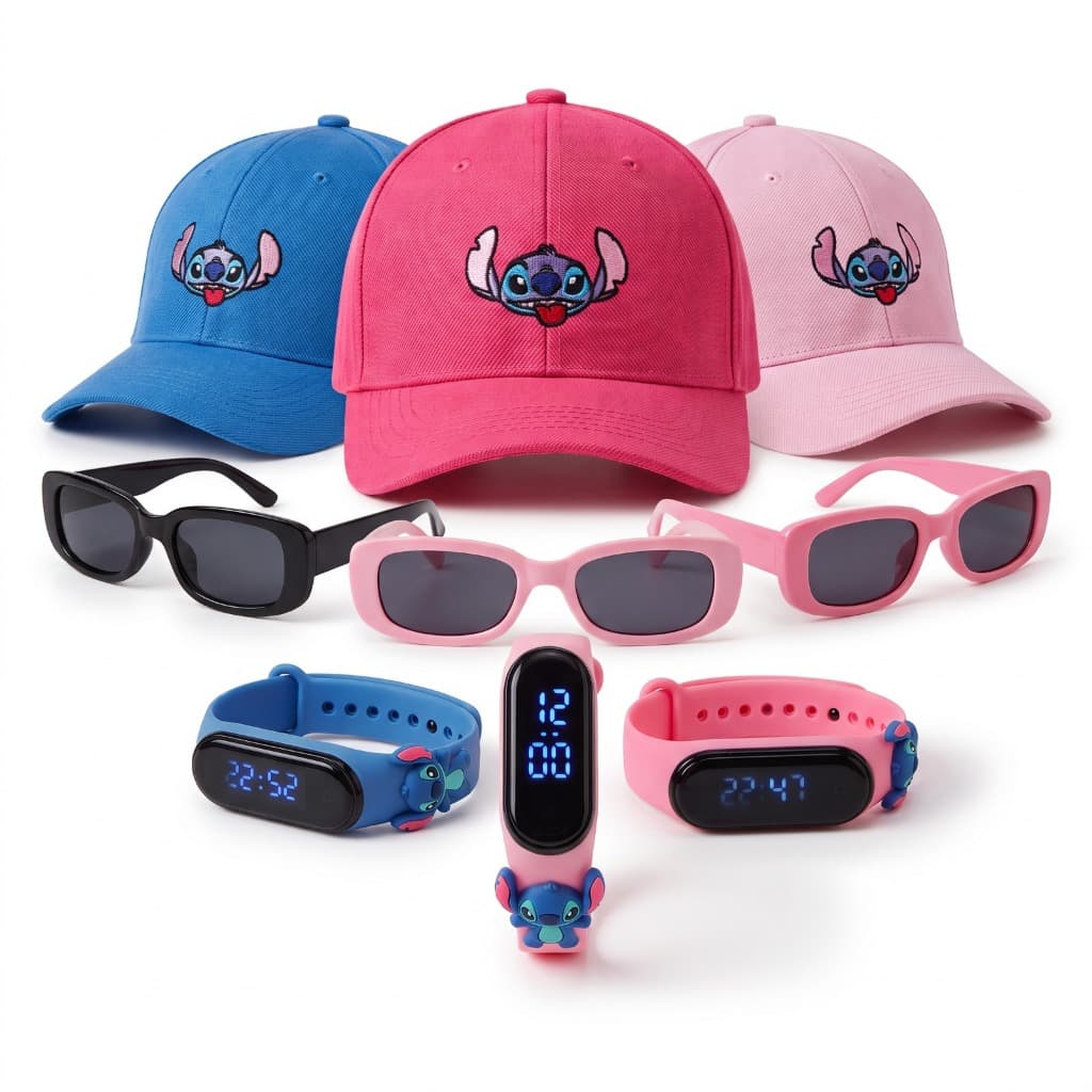 Kit Infantil Lilo e Stich Boné Bordado Relógio Led Óculos de Sol Varias Cores Disponiveis