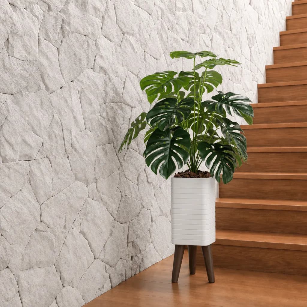 Planta Artificial 18 Folhagem + Vaso Decorativo Sala Grande Enfeite Sala Branco