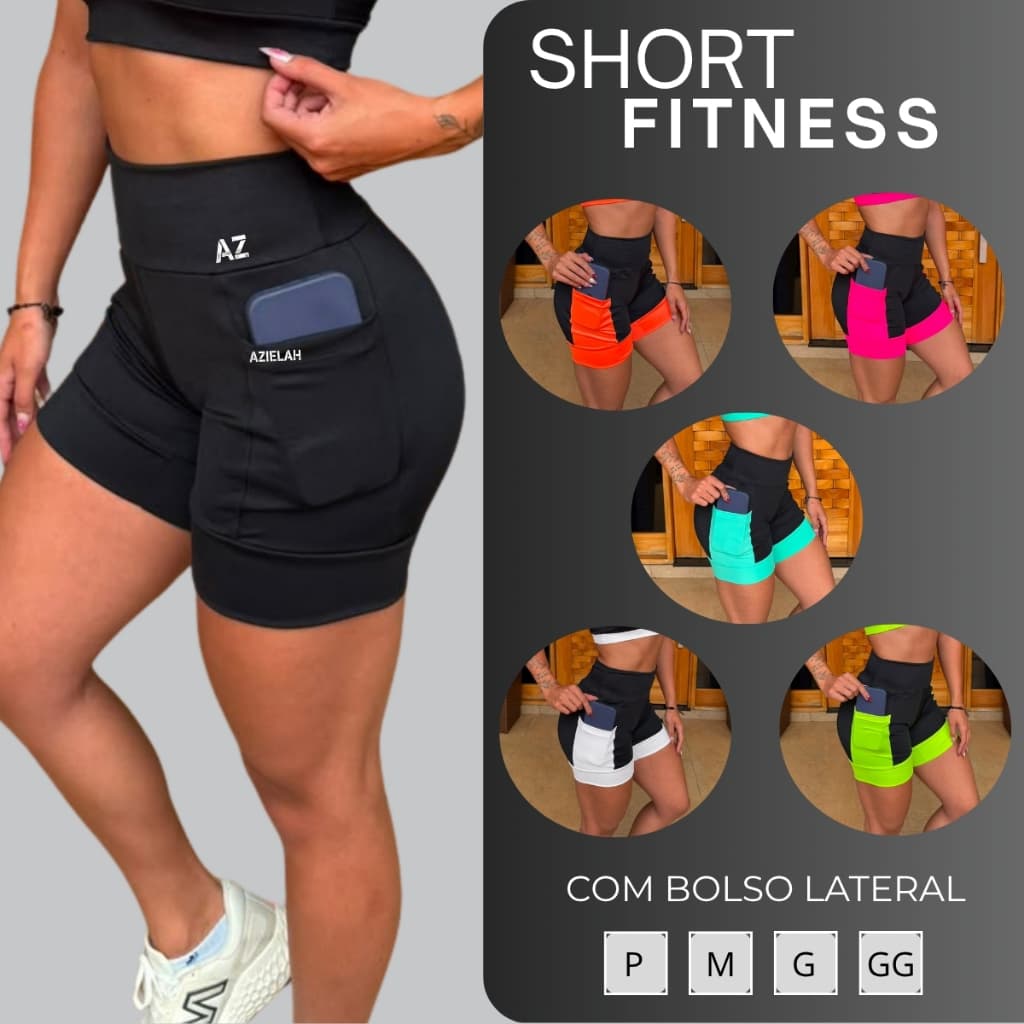 Short Feminino Fitness Com Bolso Azielah Academia Corrida E Treino
