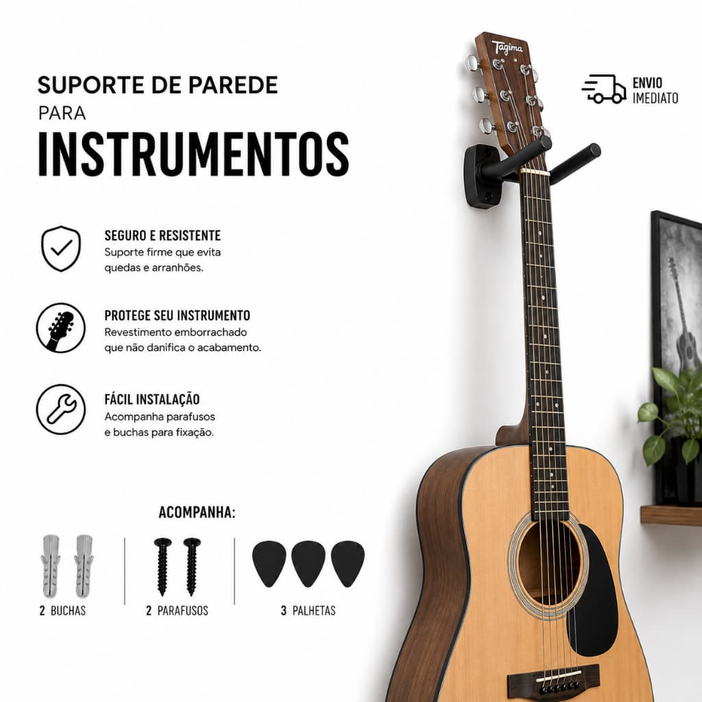Kit Suporte de Violão, Guitarra, Violino e Ukulele Emborrachado, + 3 Palhetas e Kit de Instalação