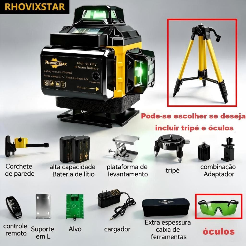 Laser Level 16 Lines,incluindo 2 Baterias,Nível Profissional 4D De 360°,Laser Verde,Inclui Todos Os Acessórios