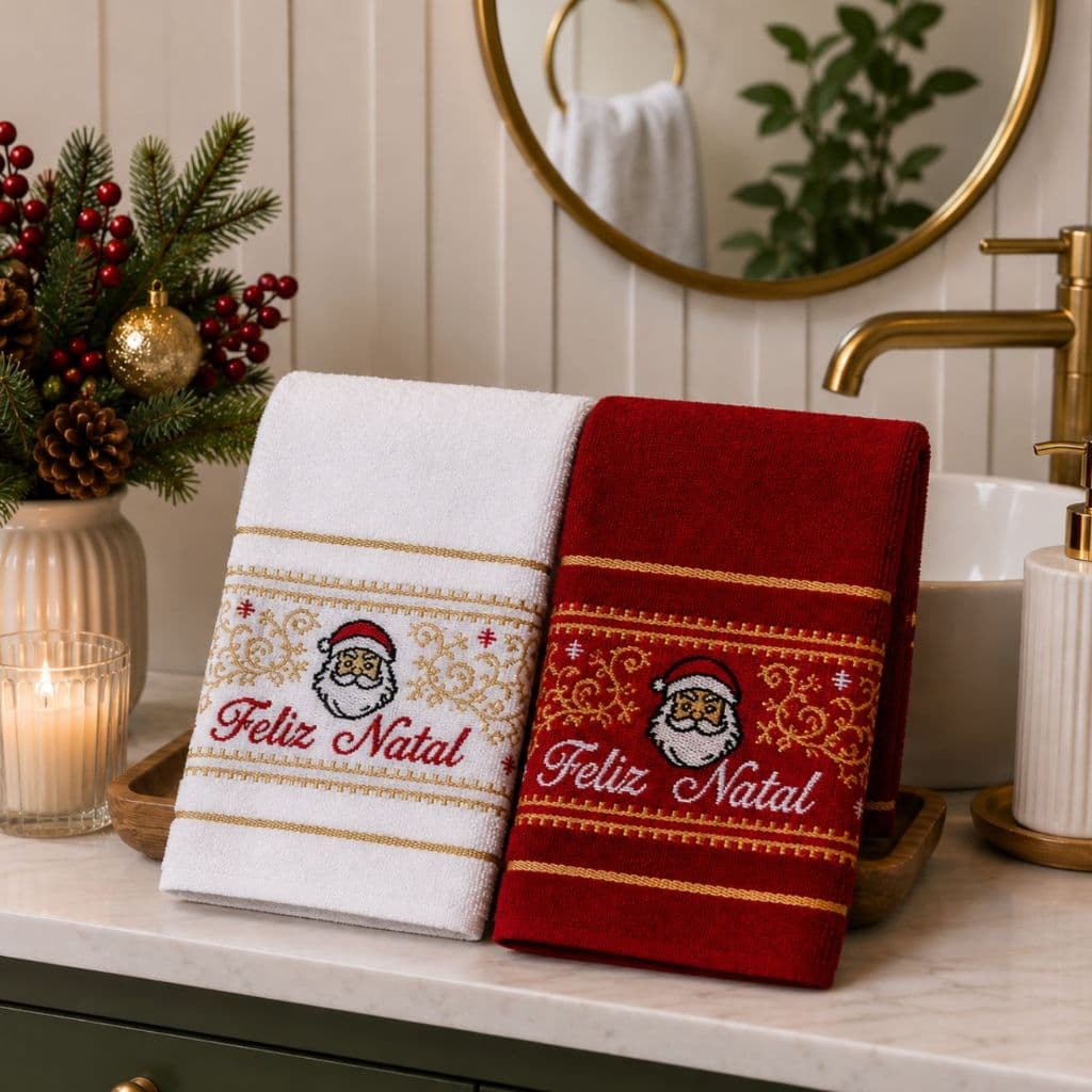 Jogo Kit 2 Toalhas Natalinas para Lavabo Toalha de Rosto Papai Noel Decoração de Natal