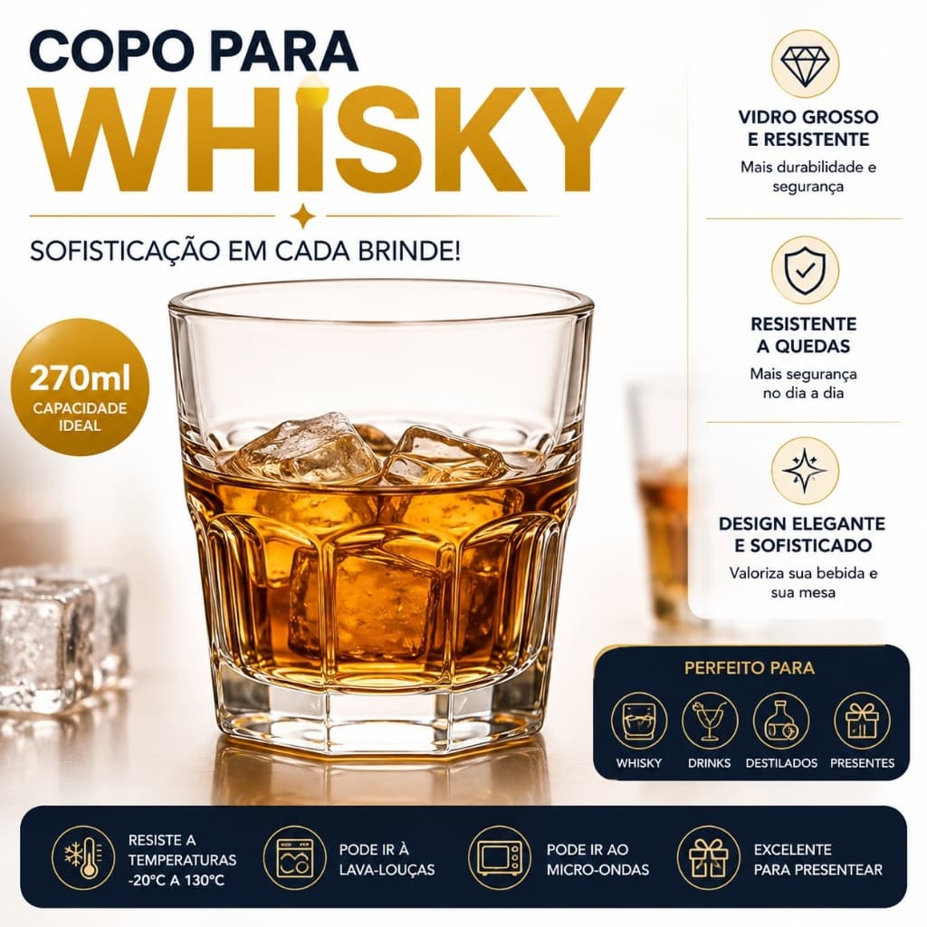 Jogo Copos de Whisky 270ml Vidro Grosso Resistente Premium Resistente a Quedas Kit 3 a 12 Copos