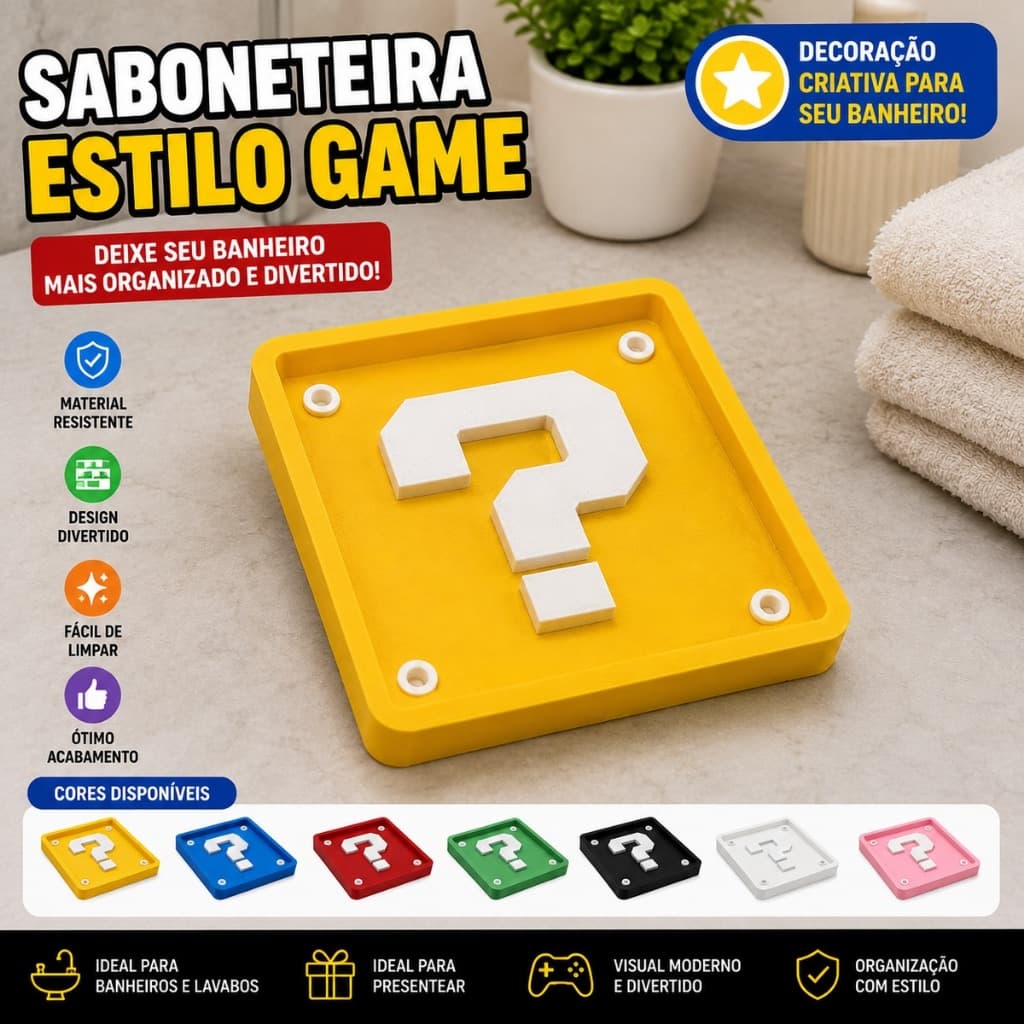 Saboneteira para Banheiro Porta Sabonete em Barra Estilo Game Bloco Interrogação Decorativa Infantil Gamer Lavabo