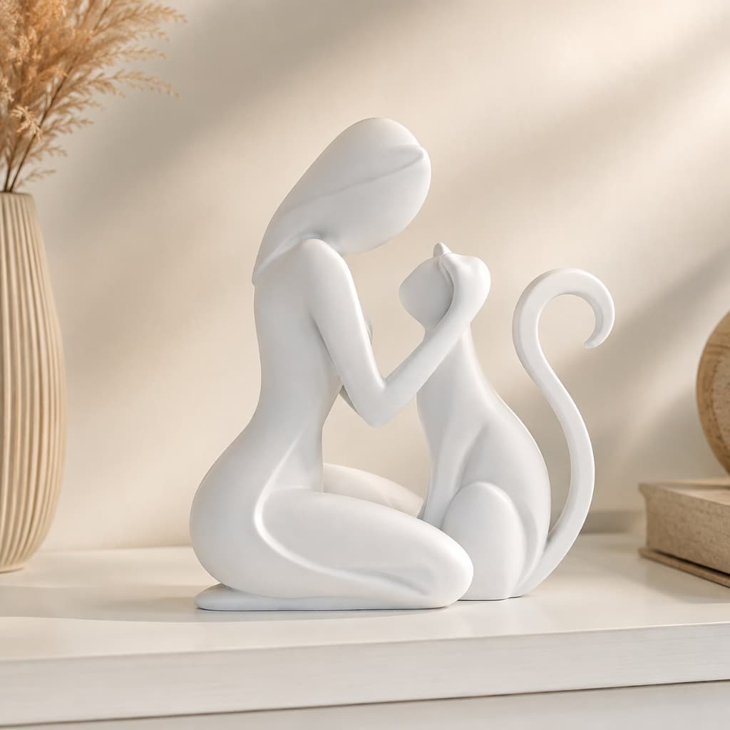 Escultura Mulher e gato Decorativa Arte Moderna Decoração Minimalista para Sala Casa Quarto Presente